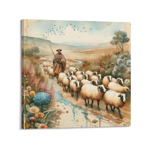 Poster sur toile berger moutons deco murale chambre cadre 50x50