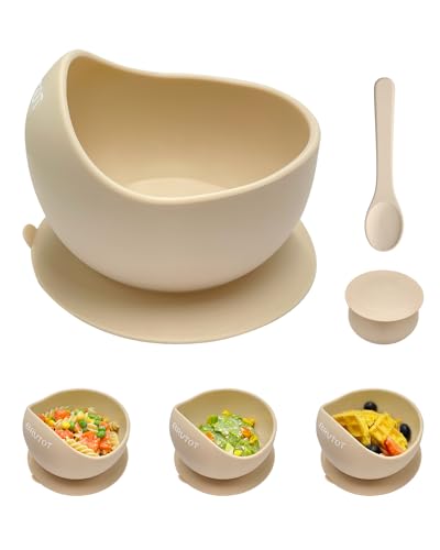 BRVTOT Stay Put Suction Bowls for Baby Kid, Food Grade Silicone Bowl and Spoon Set for Baby Led Weaning, Toddler Dishes & Utensils for Babies Self Feeding, Silicone Baby Feeding Set BPA Free 12 Oz
