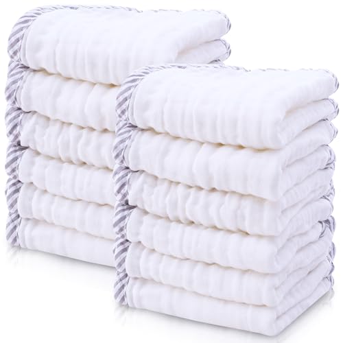 Image of Cute Castle 12 Pack Muslin Baby Washcloths - Large 12'' by 12'' - Ultra Soft 100% Cotton - Super Absorbent Burp Cloths for Unisex, Boy, Girl -Stripe