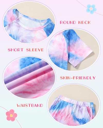 Image of DISAUR Girls Summer Outfits 2 Piece Matching Sets Tie Dye T Shirt and Shorts Set with Pockets for Girls 4-10 Years