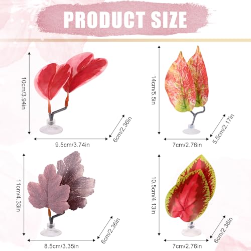 Image of 4pcs Betta Leaf Hammock, 4 Styles Adjustable Plastic Betta Bed Resting Spot Small Fish Tank Decor Decoration Accessories with Suction Cup & Bracket for Aquarium Four-Eyed Silk Fish Guppy to Rest (Red)