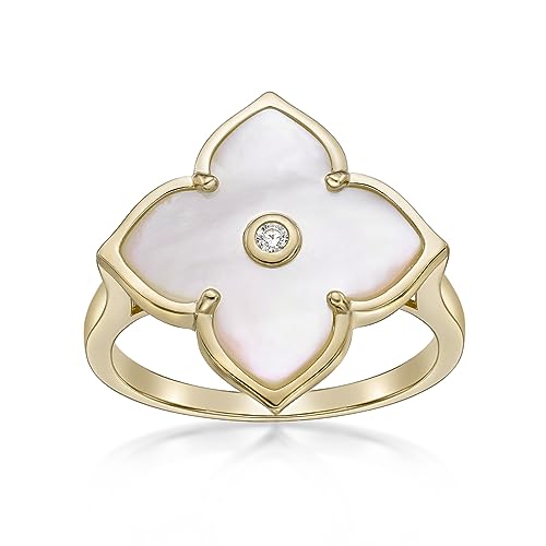 Lavari Jewelers Black Onyx or Mother of Pearl and Cubic Zirconia Flower Ring for Women in 925 Sterling Silver with Gold Plating Anniversary Size 6 to 8