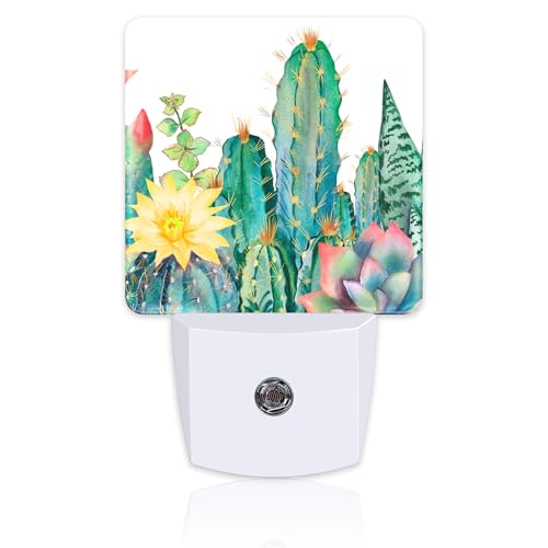 Image of Cactus and Succulents Night Light Plug into Wall, Watercolor Botanical Floral Dusk to Dawn Night Light Plug in,0.5w Energy Saving Sleep Friendly NightLight for Kids Boys Girls Home Decor