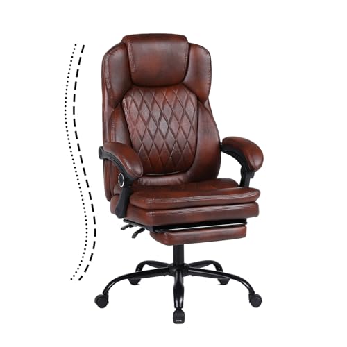 Big and Tall Office Chair with Footrest, Ergonomic High Back Executive Desk Chair, Reclining PU Leather Computer Chair with Lumbar Support, Heavy Duty Swivel Home Office Chair 350lbs (Brown)