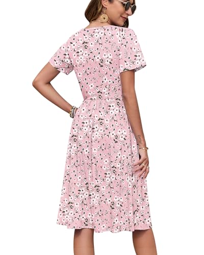 AUSELILY Damen Kurzarm Sommerkeider Knielange Sommer Kleider V-Ausschnitt mit Knöpfen Empire Midikleid mit Taschen Blumenrosa M 5