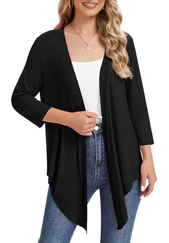 QUEZHU Women's Curved Hem 3/4 Sleeve Cardigan Casual Open Front Lightweight Cardigans
