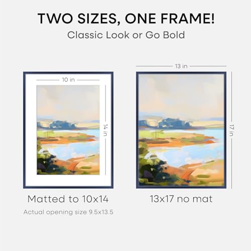 Image of Homeforia 13x17 Picture Frame Navy Blue, High End Metal 13x17 Poster Frames with Mat 10x14 Photo, 13 x 17 Navy Blue Frame Matted to 10 by 14 Print, 17x13 Thin Frame, Tempered Glass, Wall Kit, Set of 1