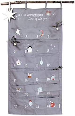 Papierdrachen Adventskalender 2025 - bestickter Stoff-Wandkalender in Blau-Grau & Silber - mit Taschen zum Befüllen - hochwertig & wiederverwendbar
