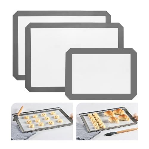 KitchenRaku 3-Pack Silicone Baking Mat, (42 x 29.5 cm) 2 Half Sheets + 1 Quarter Sheet Reusable Silicone Baking Sheets for Oven, BPA Free Nonstick Bakeware Mats for Cookies, Macarons and Pastry