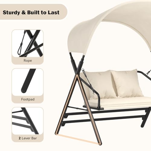 Image of AECOJOY Outdoor Porch Swings for Adults 600LBS 2 Seat Patio Swings with Canopy Stand Thick Cushion Pillows Metal Steel Frame Patio Swing Chair for Garden Yard Deck Poolside Easy Assembly