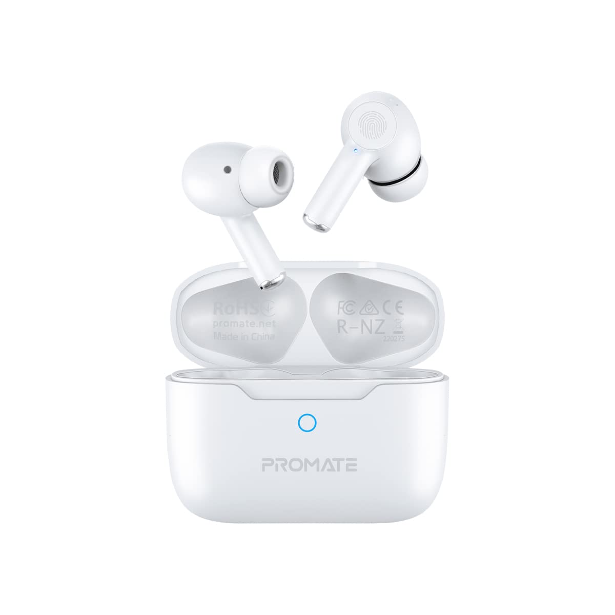 Promate True Wireless Earbuds, In-Ear Active Noise Cancelling Bluetooth v5.3 Earphones with Mic, 25H Playback Time, Intelligent Touch Controls and Charging Case for iPhone 17 S25, ProPods White