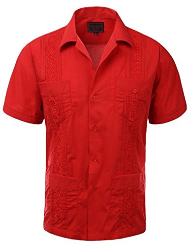 vkwear Guayabera Men's Cuban Beach Wedding Short Sleeve Button-up Casual Dress Shirt (XX-Large, Red)