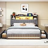 Letto 140 x 200 con rete a LED, telaio per letto matrimoniale con 4 cassetti, testiera imbottita con contenitore, letti matrimoniali con doghe in legno per adulti e adolescenti (Grigio Lino, 140