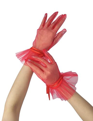 Goiruiya Women's Ruffles Tea Party Mesh Tulle Gloves Christmas Evening Short Gloves Wedding Party Accessory Red