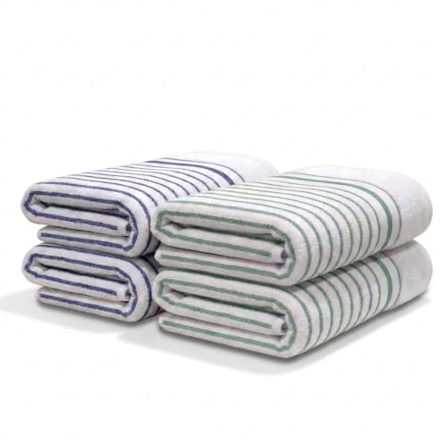 Image of Athom Living Premium Hand Towels- Cotton, 400 GSM, Ultra Soft, Quick Dry, Highly Absorbent | for Hand, Kitchen and Gym | 60 * 40 cm, Pack of 4 (White with Blue & Sea Green Stripes)