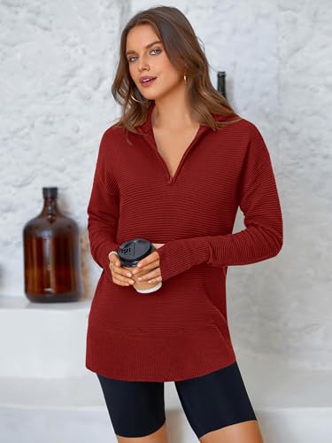 Image of PRETTYGARDEN Womens Long Sleeve Quarter Zip Pullover Sweater | Casual Loose V Neck Sweaters with Thumb Hole, Collared Ribbed Knit Jumper Tops, Oversized Tunic Tops, Fall Outfits 2026