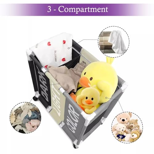 3 Section Basket Mobile Laundry Hamper Clothes Bin Organiser Sorter Cart with Wheels Lights and Dark Folding Laundry Basket Easy Move Laundry Storage Cart - Image 3