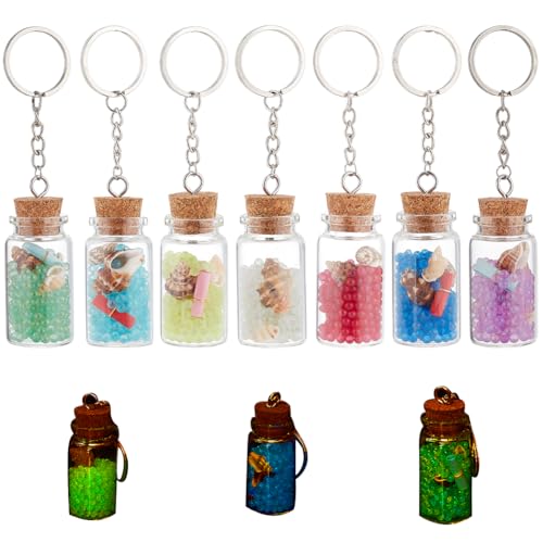 PH PandaHall 7pcs Glass Wish Jar Keychains, 13ml Small Corked Bottles with Luminous Shell Beads Keyrings Mini Glass Wishing Bottles with Cork & Keyrings for Backpack Bag Hanging Wedding Party Favors