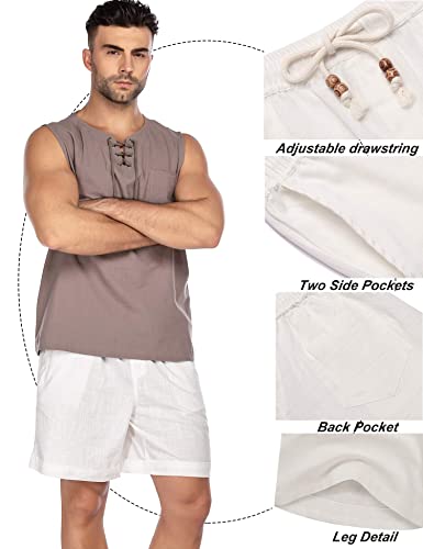 Coofandy Men's Flat Front Linen Shorts Lightweight Drawstring Summer Beach Shorts White #TOP4