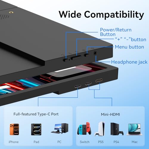 Image of Portable Large Screen Monitor, 17.3 inch Portable Monitor HDMI USB-C IPS External Screen Small, Built-in Dual Speakers Gaming for Laptop PC, Plug & Play, Lightweight Small Monitor for On-The-Go Use, Black