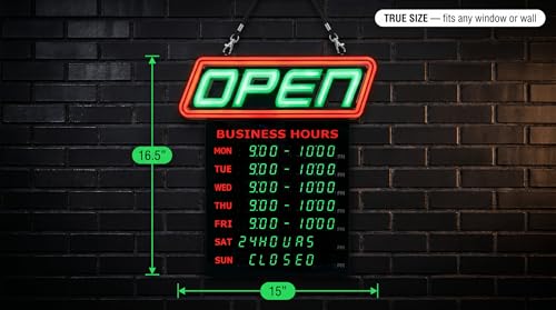 Image of LED Open Sign for Business with Programmable Business Hours - Green Light Innovations Bluetooth App, 4,000+ Color Combos, Flash /Scroll /Neon Modes, 100,000-Hr LEDs, 3-Year Warranty, 15x16.5 in