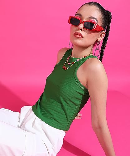 Image of POPWINGS Women Casual Green Rib Tank Crop Top Tops for Women | Stylish Tops for Women | Trendy Tops Women