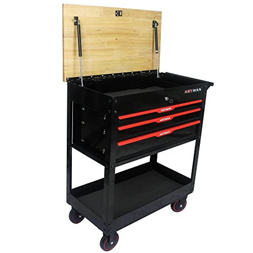 Pouseayar 38" Steel Tool Trolley, 3 Drawers Multifunctional Tool Cart With Wheels And Wooden Top, Tool Storage Cart With Lock For Garage, Warehouse, Repair Shop, Workshop - Red #TOP3
