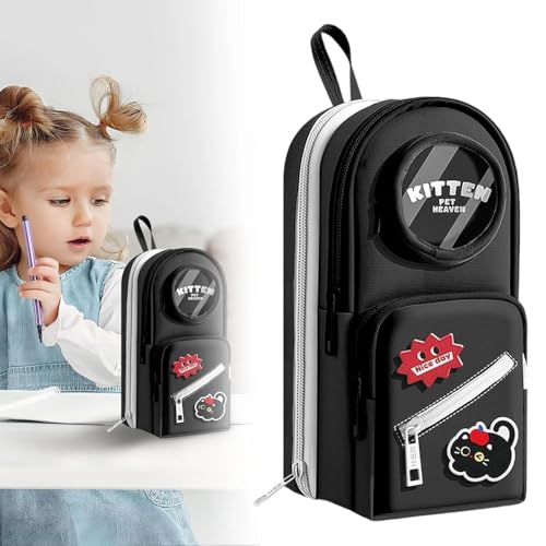 Image of WORSHIPER Cute Backpack Style Pencil Case with Visible Display Window, Multi-Layer Large Capacity Stationery Organizer for Kids & Students (Kitten-Black Pouch)