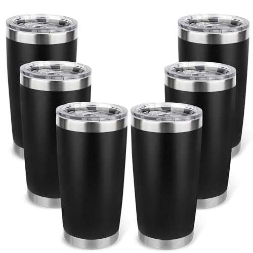 Zynkify 20oz Stainless Steel Tumbler Bulk with Lid, Travel Mug - Double Wall Vacuum Powder Coated Cup - Black, 6 Pack