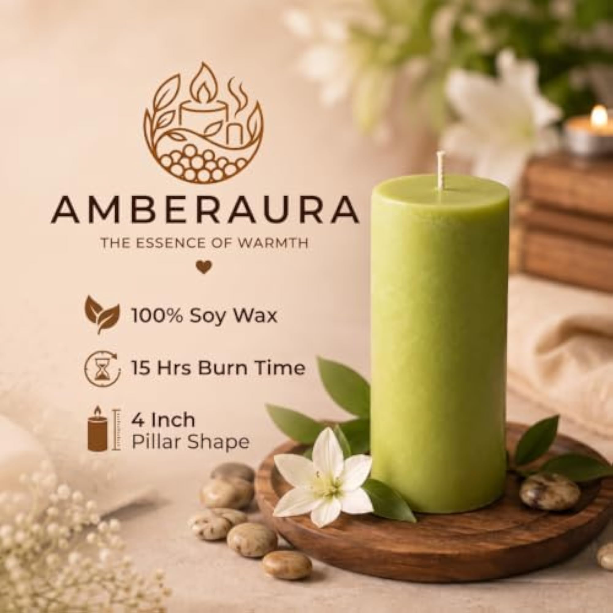 4 Inch Scented Soy Wax Pillar Candle, Long Burning Decor