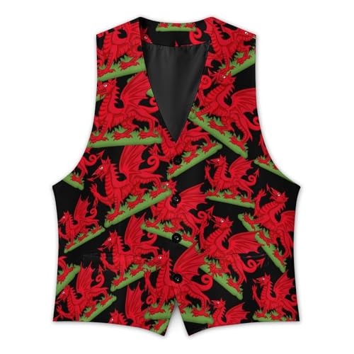 Dragon Badge of Wales Suit Vest for Men Waistcoat Dressy V Neck Button Down Sleeveless Business Jacket Coat 5