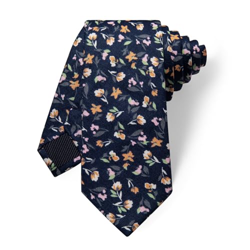 Image of YourTies Cotton Floral Tie for Men 2.5 inch Printed Skinny Necktie Pocket Square Tie Clip Set Flower Wedding Party Groom