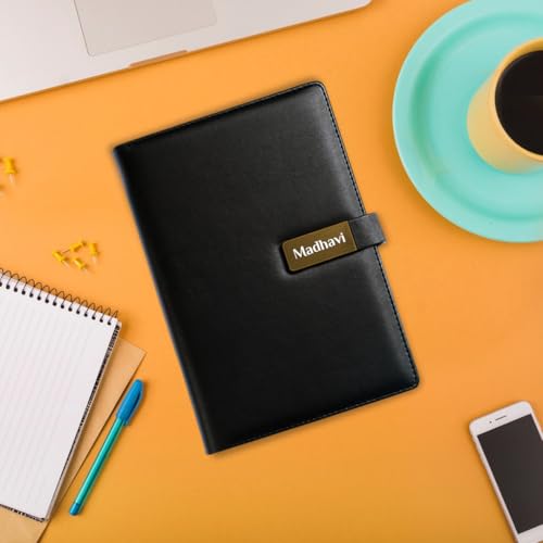 Image of Giftana Personalized Desk Organizer with Notebook Diary Pen with Name, Customized Employee Welcome Kit, Personalised Gift for Doctors, 3 in 1 Customised Diwali Corporate Gift Set for Employee (Black,Golden)
