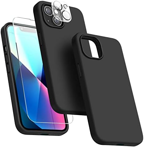 Dssairo [5 in 1 Designed for iPhone 13 Case, with 2 Pack Screen Protector + 2 Pack Camera Lens Protector, Liquid Silicone Ultra Slim Shockproof Protective Phone Case [ Microfiber Lining] 6.1 (Black)