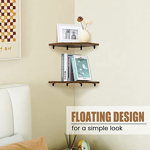 Fun Memories Corner Shelf Wall Mount, Floating Corner Shelves, Set of 4 Corner Wall Shelf Organizer, Rustic Wood Wall Storage Display Shelves for Living Room Bedroom Bathroom Kitchen, Rustic Brown