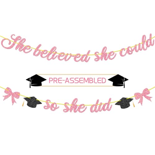 GULWAT Pink Glitter She Believed She Could So She Did Banner, 2026 Pre-Strung She Did It with Real Tassel Caps 2026 Graduation Banner, Congrats Grad Photo Backdrop for Girls College Grad Party Decor