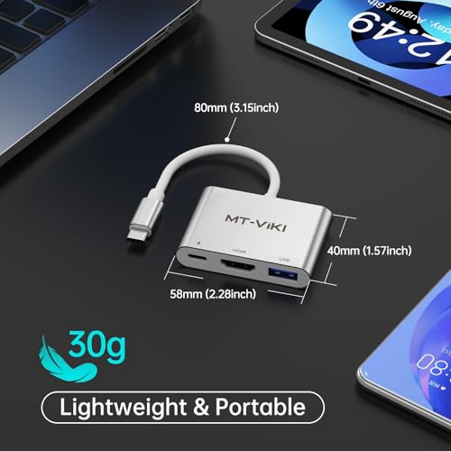 MT-VIKI 4K USB C auf HDMI Adapter 3 in 1 HDMI + USB 3.0 + PD 100W Hub für MacBook Pro, iPad Pro, iPhone 15, Laptops