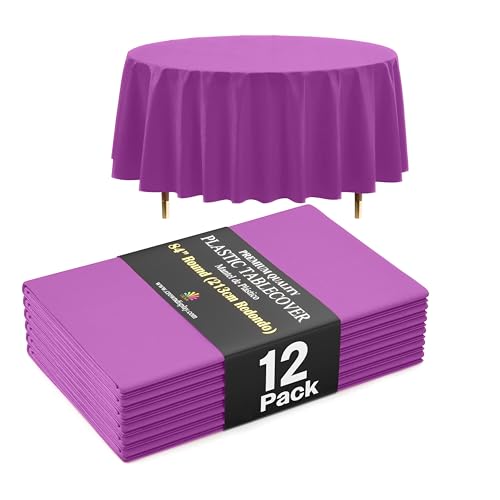 Image of Exquisite 66% Thicker Premium Magenta Round Tablecloth 0.5 Mil 12 Pack Plastic Table Cloth Disposable 84 Inch Round Plastic Tablecloth Won't Tear Easily Like Cheap Thin Brands