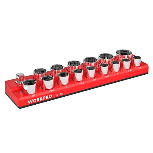 WORKPRO Magnetic 1/2-Inch SAE Socket Organizer - Holds 16 Standard & Deep Size Sockets 1/2" DR, SAE