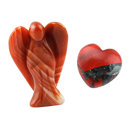 rockcloud Healing Crystals Puff Heart & Guardian Angel Figurine Carved Worry Stone Chakra Reiki Balancing Set, Red Agate & Africa Bloodstone