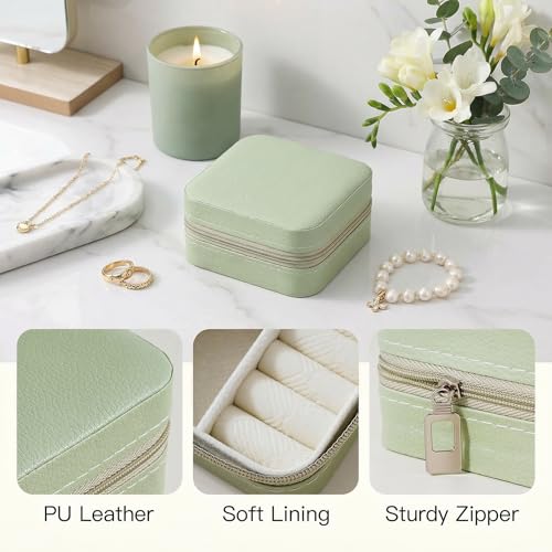 Image of CASEGRACE Travel Jewelry Case, Small Jewelry Box Portable Jewelry Travel Organizer Display Storage Case for Rings Earring Necklace Bracelet, Gift for Women Girls, Green