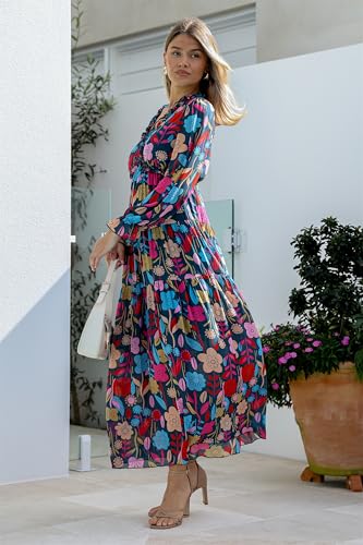 Image of BLENCOT Womens Casual Boho Floral Printed V Neck Long Sleeve Long Maxi Dress Spring Summer Dresses