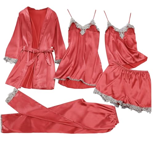Generisch Pijama Ropa de Maternidad Hospital para Mujer, Conjunto de Ropa de Dormir Sedosa Pijama Sexy con 4 Conjuntos de Lencería para Mujer Pantalones Deportivos Cortos Ancho, rojo, XL