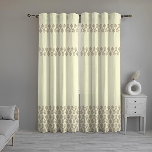 Image of Linenwalas Cotton Linen Semi Sheer Printed Curtains 5 Feet Long Set Of 2 Panels,Curtain For Window Home Decor Items For Living Room,Drapes With Back Loops (5 Feet,Betel Leaf) - Back Tab,Multicolor