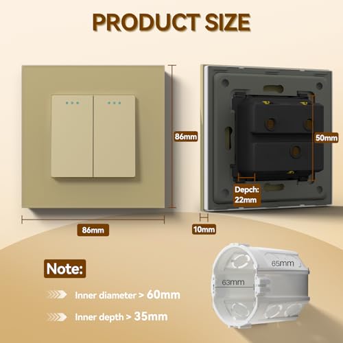 BSEED Kipplichtschalter 2 Fach 1 Weg Gold PC-Knopf 10 Ampere Mechanischer Wandlichtschalter 86 mm Glasrahmen Toggle Standardschalter