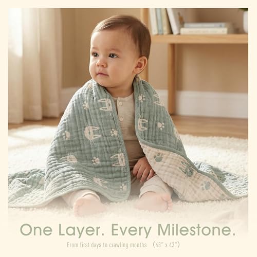 Image of 6-Layer Muslin Baby Blanket Made with Organic Cotton - Cute Bunny Rabbit Jacquard Swaddle & Crib Quilt, 43 inchx 43 inch,Sage Green Bunny