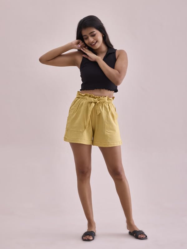 Image of GO COLORS Women Solid High Rise Relaxed Fit Linen Shorts