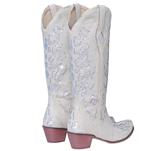 Cowboy Laarzen Vrouwen Lederen Lange Buizen Ridder Laarzen 2021 Kristal Geborduurde Knie Laarzen Chunky Snowboots Casual Rijlaarzen (Color : White, Size : 35 EU) - Afbeelding 3