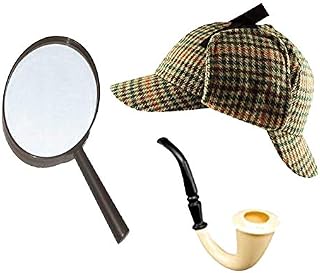 Sherlock Holmes Fancy Dress Accessory Set Deerstalker Hat + Magnifying Glass + Victorian Look Pipe Detective Kit