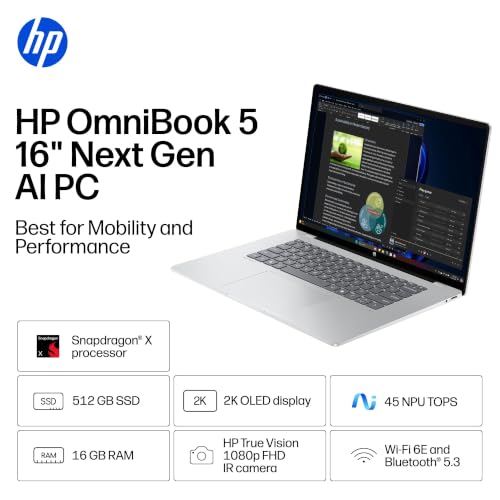 Image of HP OmniBook 5 16 inch Next Gen AI PC, 2K Display, Snapdragon X X1-26-100, 16 GB RAM, 512 GB SSD + Microsoft 365 Personal 12-Month Subscription Bundle